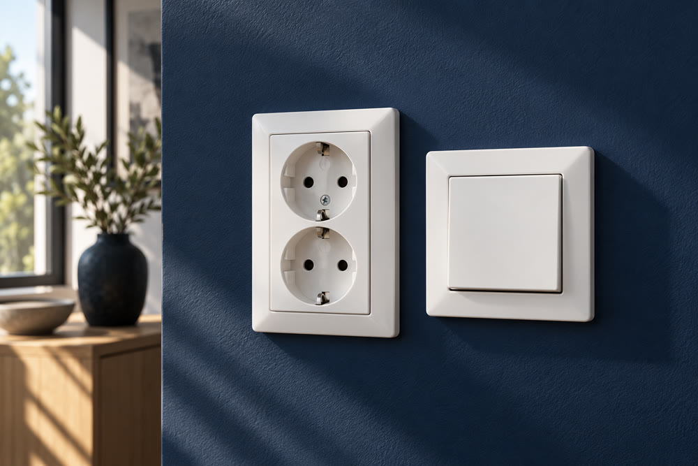 Enchufe Schuko e interruptor en una pared azul